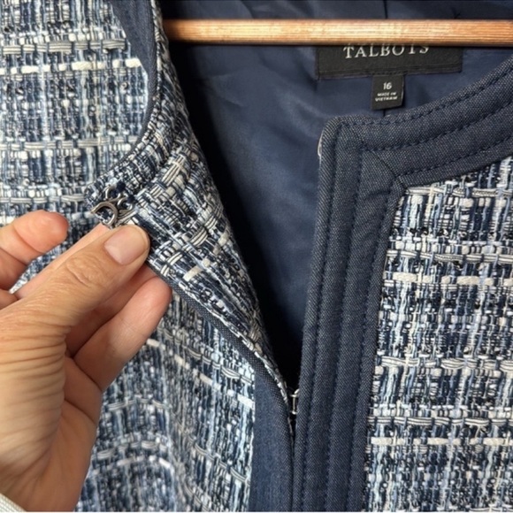 Talbots Tweed Crew Chambray trim Blazer Jacket Sz 16/XL Navy Blue White Fringe - Picture 10 of 16